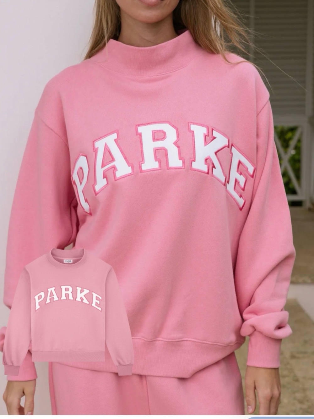 Parke Summerland Conch Pink and White Varsity Mockneck Sweatshirt S/M NEW